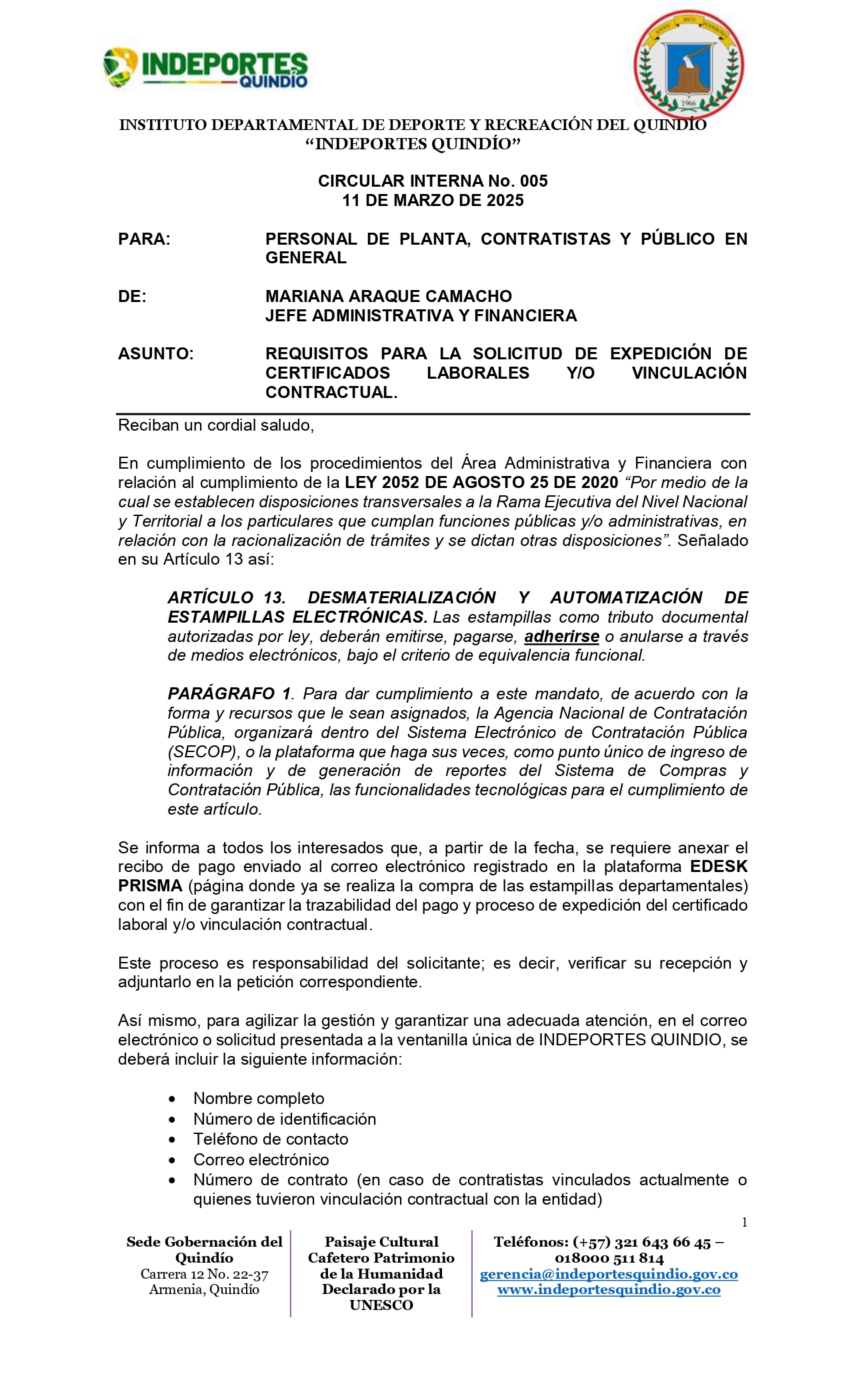 CIRCULAR INTERNA NO. 05 REQUISITOS PARA EXPEDICION DE CERTIFICADOS LABORALES